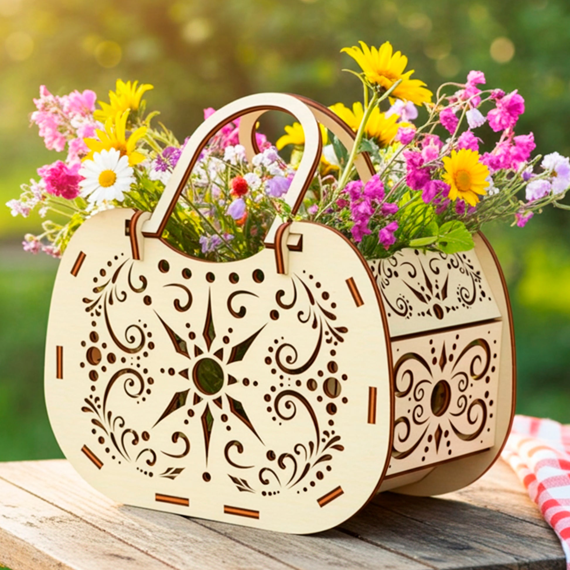 Laser cut plywood wooden basket with ornate floral patterns, filled with colorful wildflowers, resting on an outdoor wooden table with soft sunlight and hanging lights in the background