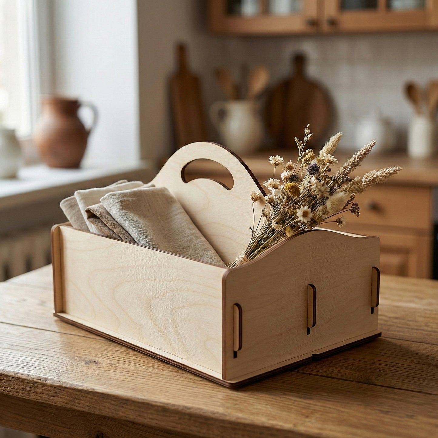 Laser cut plywood rectangular storage basket with a curved handle sitting on a wooden kitchen table. The basket contains folded linen napkins and a small bouquet of dried wildflowers. Soft natural light illuminates the wood grain.