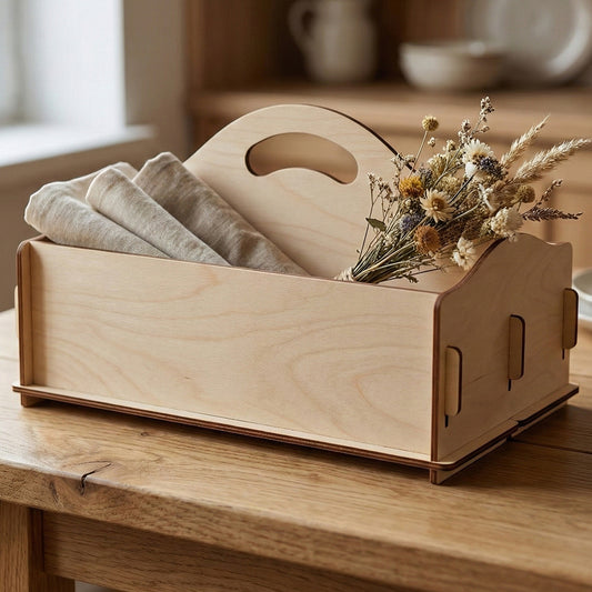 A front-facing view of a laser cut plywood organizer basket on a wooden table. The light-colored wood features dark charred edges from the laser. It holds beige fabric linens and dried flowers, showing its use as a rustic home decor piece.