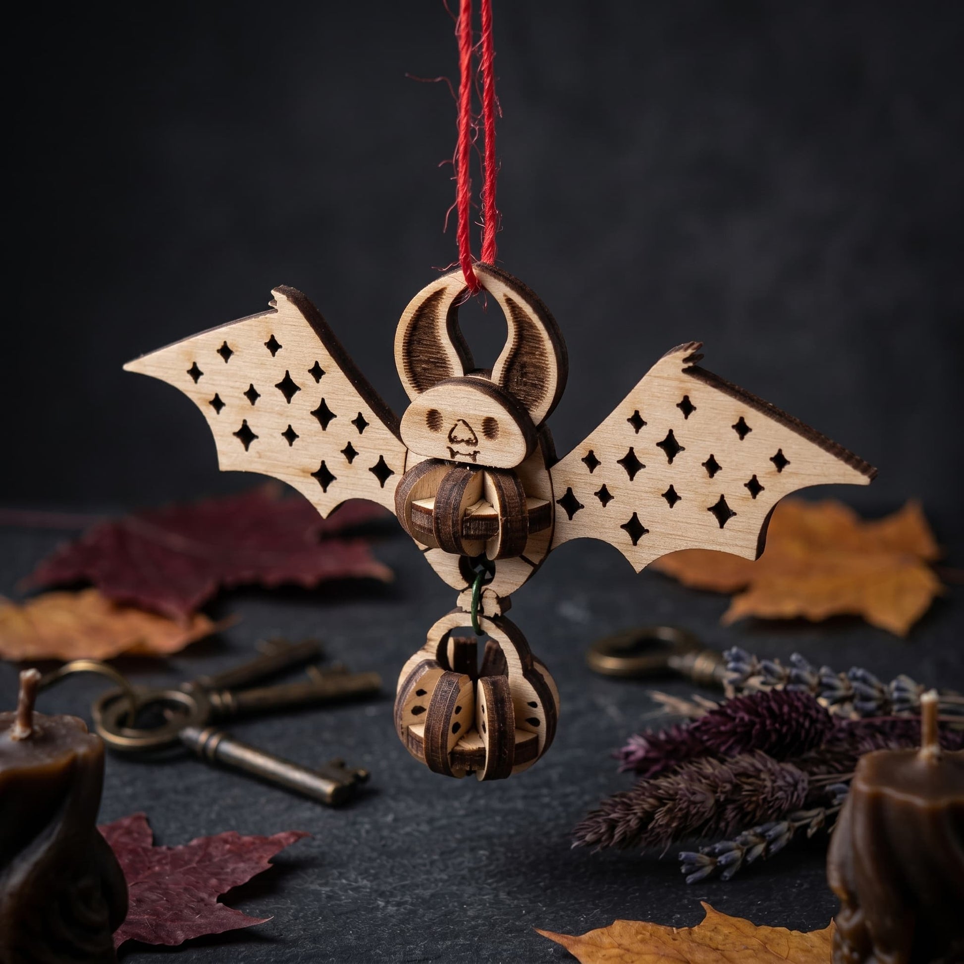 Laser Cut bat ornament with skull face hanging on a dark background with autumn leaves.