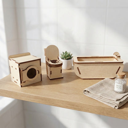 Miniature dollhouse bathroom set made of laser cut plywood. The set includes a tiny bathtub, a sink with a mirror, and a toilet. Natural wood texture with precise details, shown in a 1:12 scale dollhouse setting.