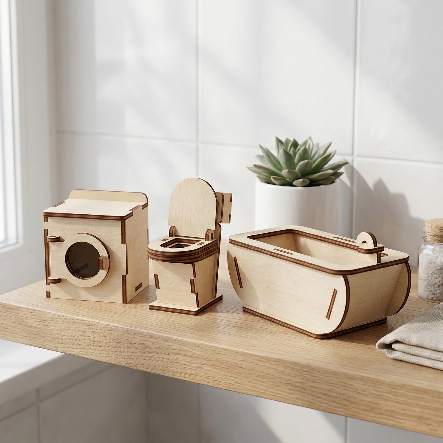 Close-up of dollhouse furniture crafted from laser cut plywood. Detailed miniature bathroom accessories with smooth sanded edges and natural wood grain. Perfect for DIY dollhouse projects and collectors.