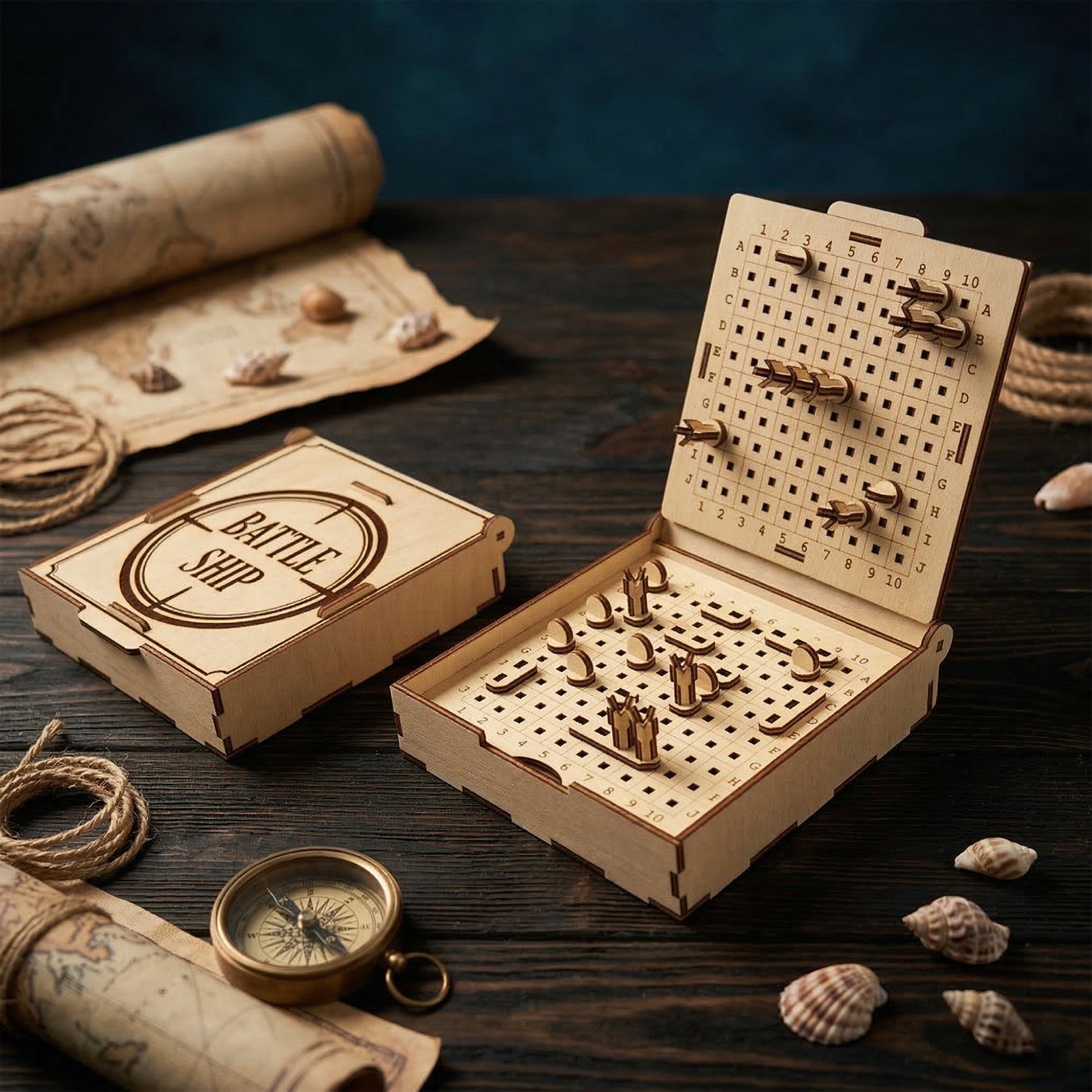 A wooden Battleship game made of laser cut plywood, open on a dark desk. Features two 10x10 grids with miniature ships and pins. Nautical styling with a brass compass, old map, and rope. The lid is engraved with "Battle Ship" inside a target.
