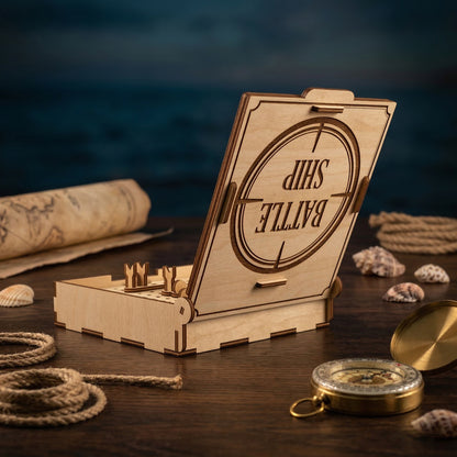 Side-angled view of the open Battleship game box crafted from laser cut plywood. The lid shows the engraved "Battle Ship" logo. Miniature ships are placed on the grid. A nautical theme background with a blurry ocean, rope, and brass compass.