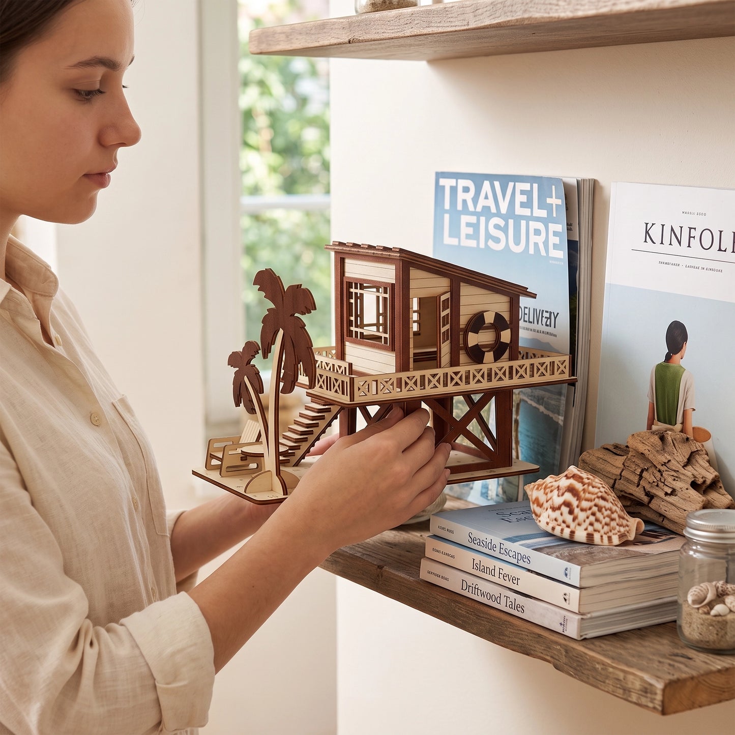 Hands holding a laser-cut birch plywood beach house model on a shelf near travel magazines, shells, and books
