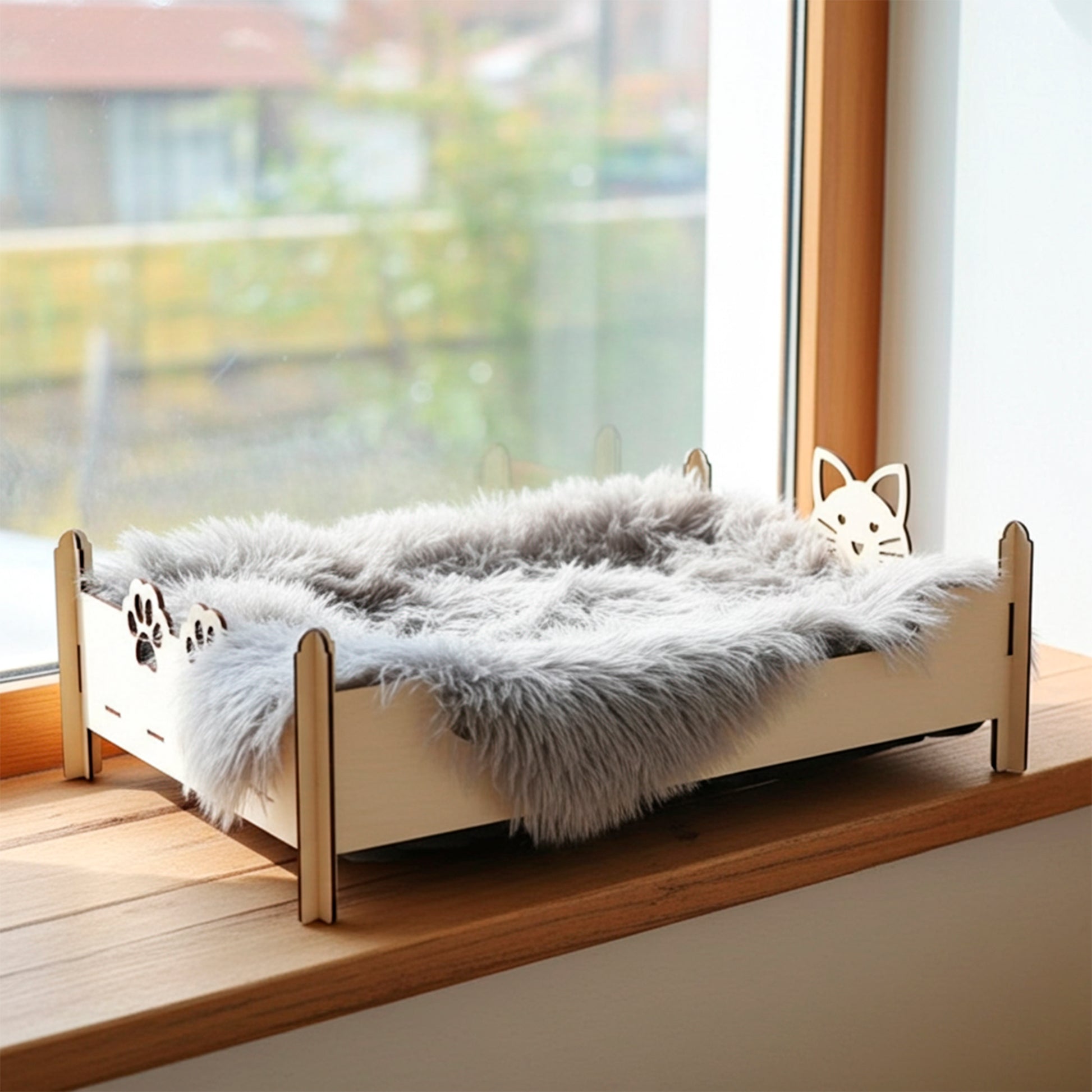 Laser cut wooden  plywood Cat Bed frame in the shape of a small child's bed, with decorative end boards featuring engraved paw prints and a cute cat head cutout on the headboard. The light plywood frame is displayed on a sunny windowsill and filled with a fluffy gray faux-fur cushion, showing its function as a personalized and cozy pet gift.