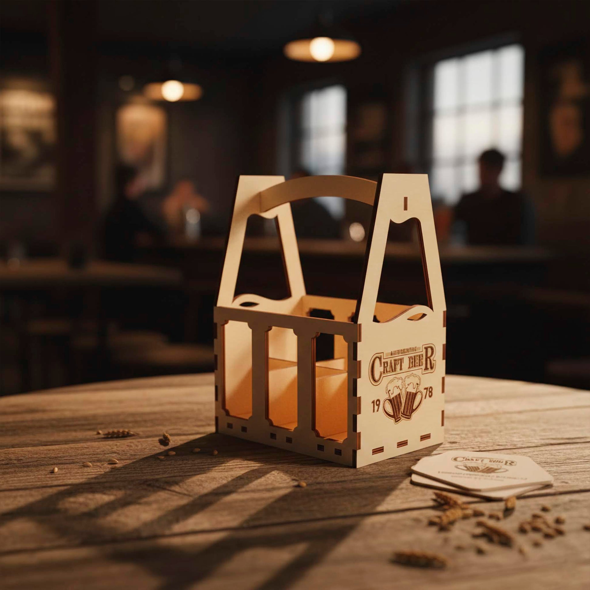 An empty laser cut wooden plywood  beer basket highlighting the interior dividers and sturdy arched handle. The side panel is etched with vintage-style typography. The dark burnt edges from the laser cutting process provide a clean, rustic contrast