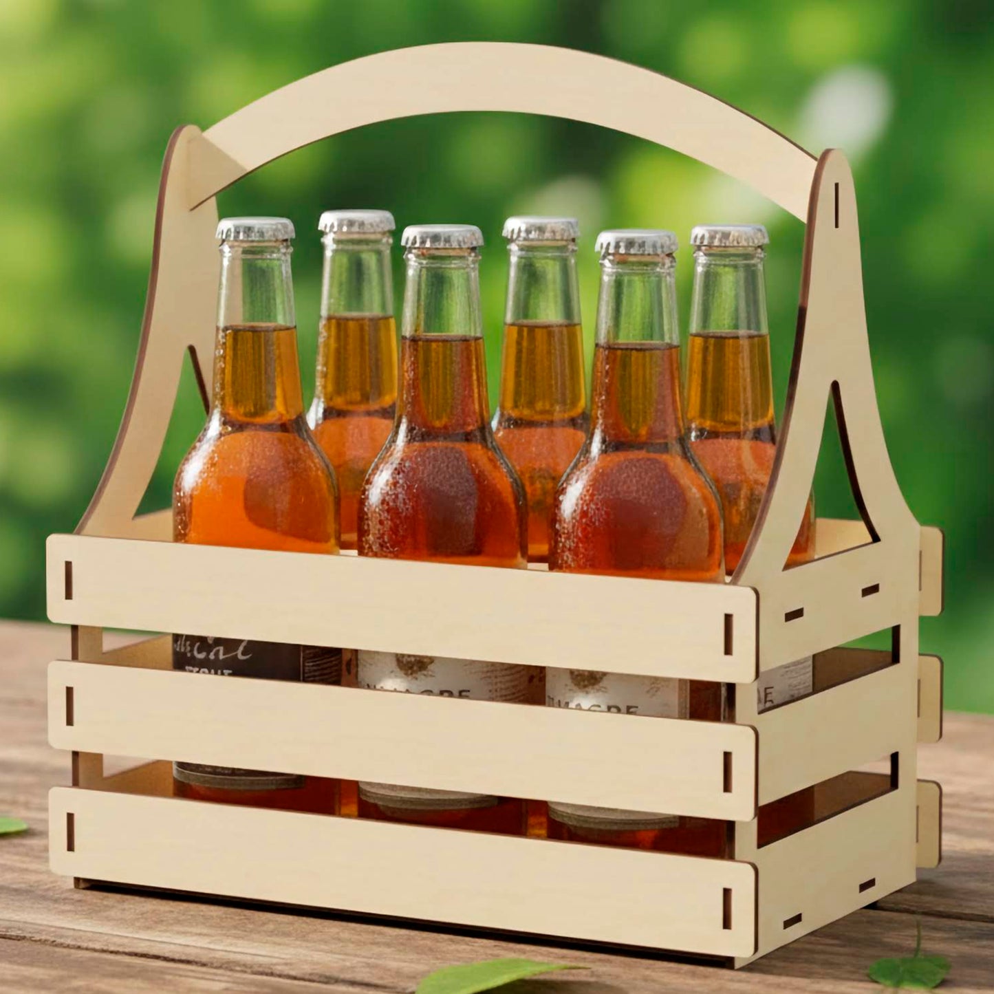 Laser cut wooden plywood beer crate holding six glass bottles on a wooden table. Features a high arched handle and slatted side walls with visible tab-and-slot joinery. Natural green foliage background.