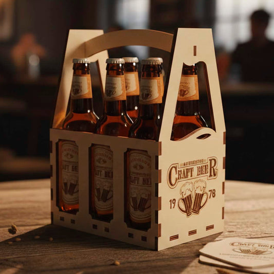 A laser cut light wooden plywood  beer caddy holding six amber glass bottles. It features an engraved "Craft Beer" logo with two beer mugs. The basket rests on a rustic wooden table in a dimly lit bar setting with matching coasters.
