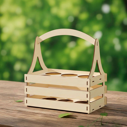 Empty laser cut plywood beer carrier with a minimalist slatted design. Shows precision-cut circular dividers for six bottles and a smooth arched handle. The wood features clean, dark laser-processed edges.