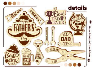 Detailed close-up images of individual Father Day keychain designs