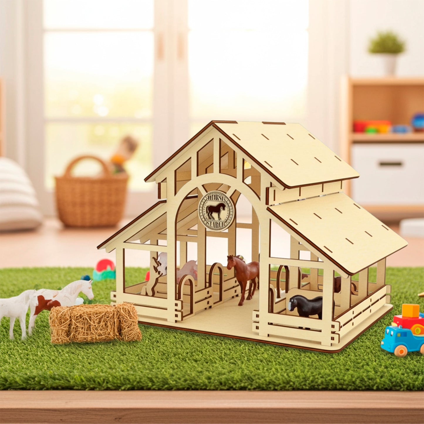 Laser cut plywood wooden two-story horse stable model with multiple stalls and a "Horses Stable" sign, placed on green turf next to toy horses, hay bale props, and a toy truck, set in a bright room