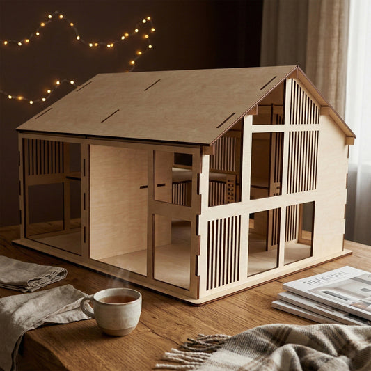 A large two-story modern dollhouse made of laser cut plywood. Features wide open rooms, slatted wall details, and a classic gabled roof. Shown on a wooden table with magazines and a cup of tea, highlighting the clean birch wood finish.