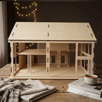 Interior view of a spacious 3D wooden dollhouse made of laser cut plywood. Features four large rooms across two floors with two minimalist ladders. The open-back design allows for easy play and customization of miniature furniture.