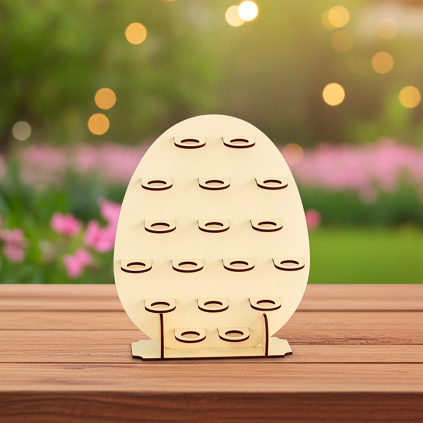 Laser cut  plywood wooden Easter egg stand shaped like a solid egg, with twenty small round platforms arranged in rows for holding individual mini eggs. The stand is shown on a wooden table outdoors with a blurred green lawn and pink flowers in the background, illuminated by soft bokeh lights