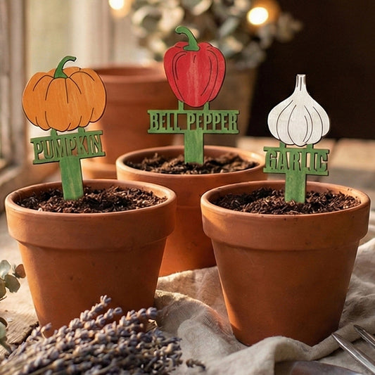 Set of wooden laser cut Big Garden Stakes Set featuring colorful vegetable designs for pumpkin, bell pepper, and garlic with labeled signs on stakes, inserted into potted plants against a cozy greenhouse window background.