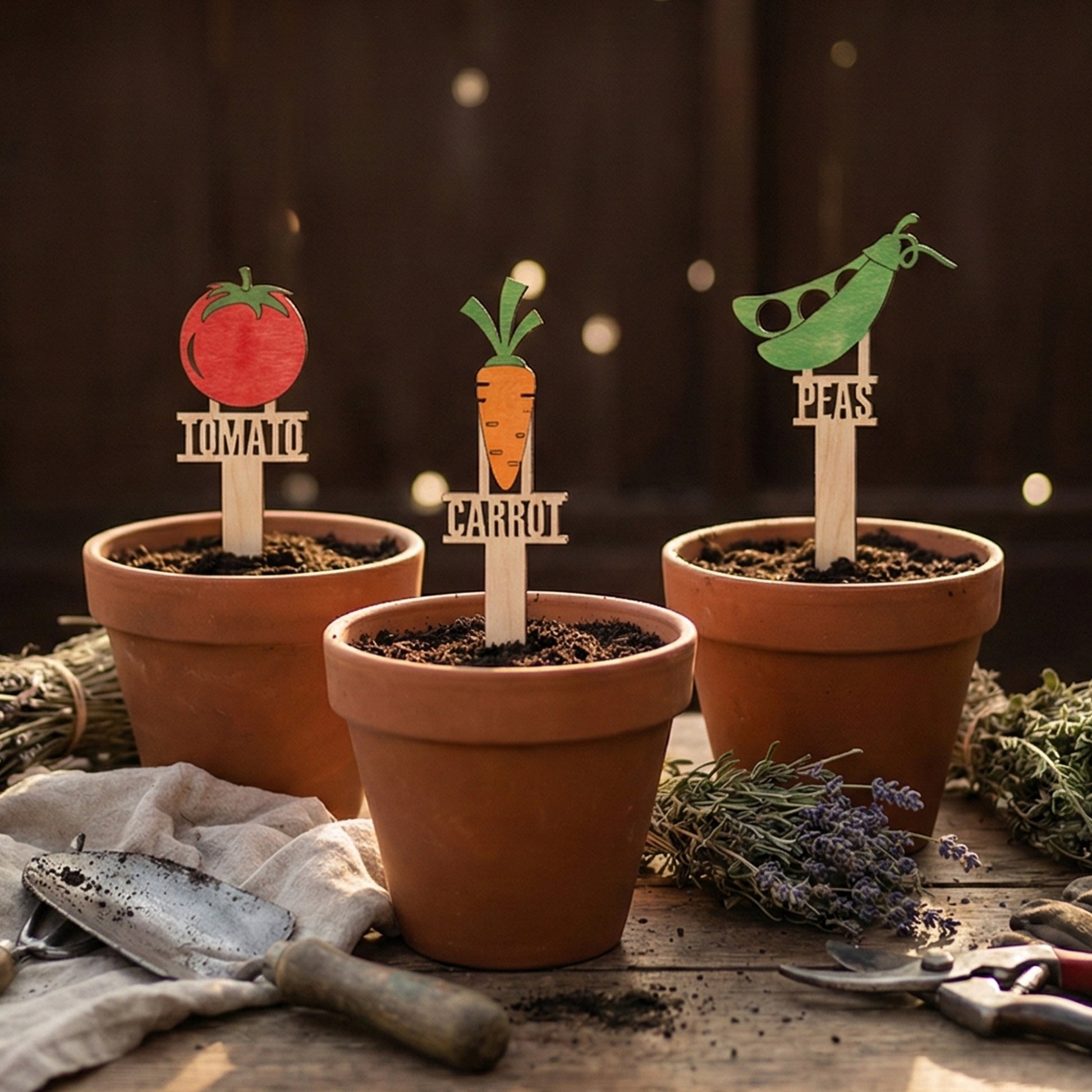 Set of wooden laser cut Big Garden Stakes Set with colorful vegetable designs for tomato, carrot, and peas, featuring engraved labels on stakes, inserted into terracotta pots against a cozy indoor gardening background.