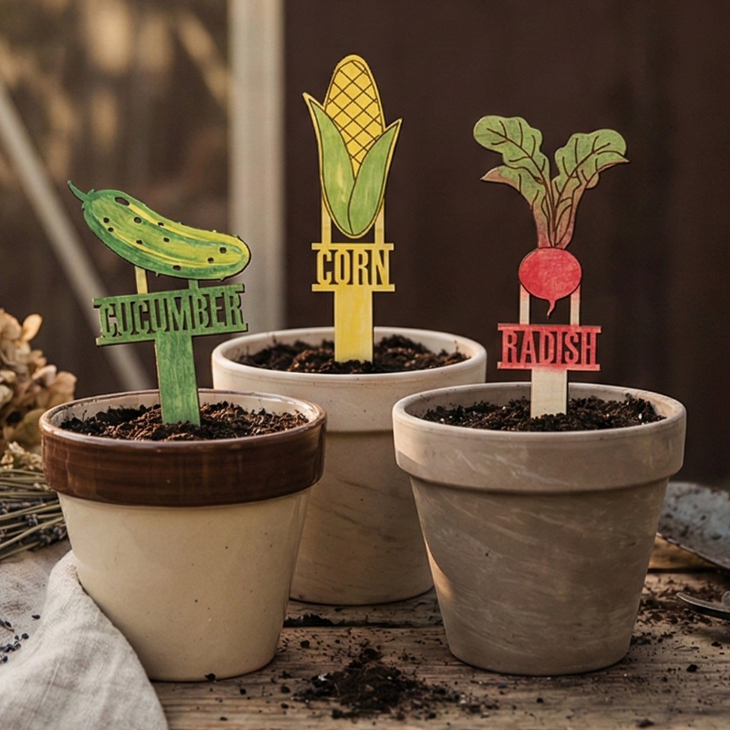 
Set of wooden laser cut Big Garden Stakes featuring colorful designs for cucumber, corn, and radish with bold engraved labels, placed in soil-filled pots against a warm indoor window background.