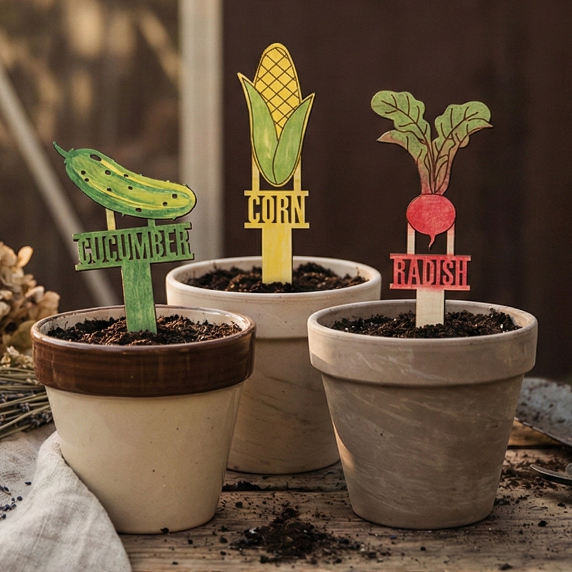 
Set of wooden laser cut Big Garden Stakes featuring colorful designs for cucumber, corn, and radish with bold engraved labels, placed in soil-filled pots against a warm indoor window background.