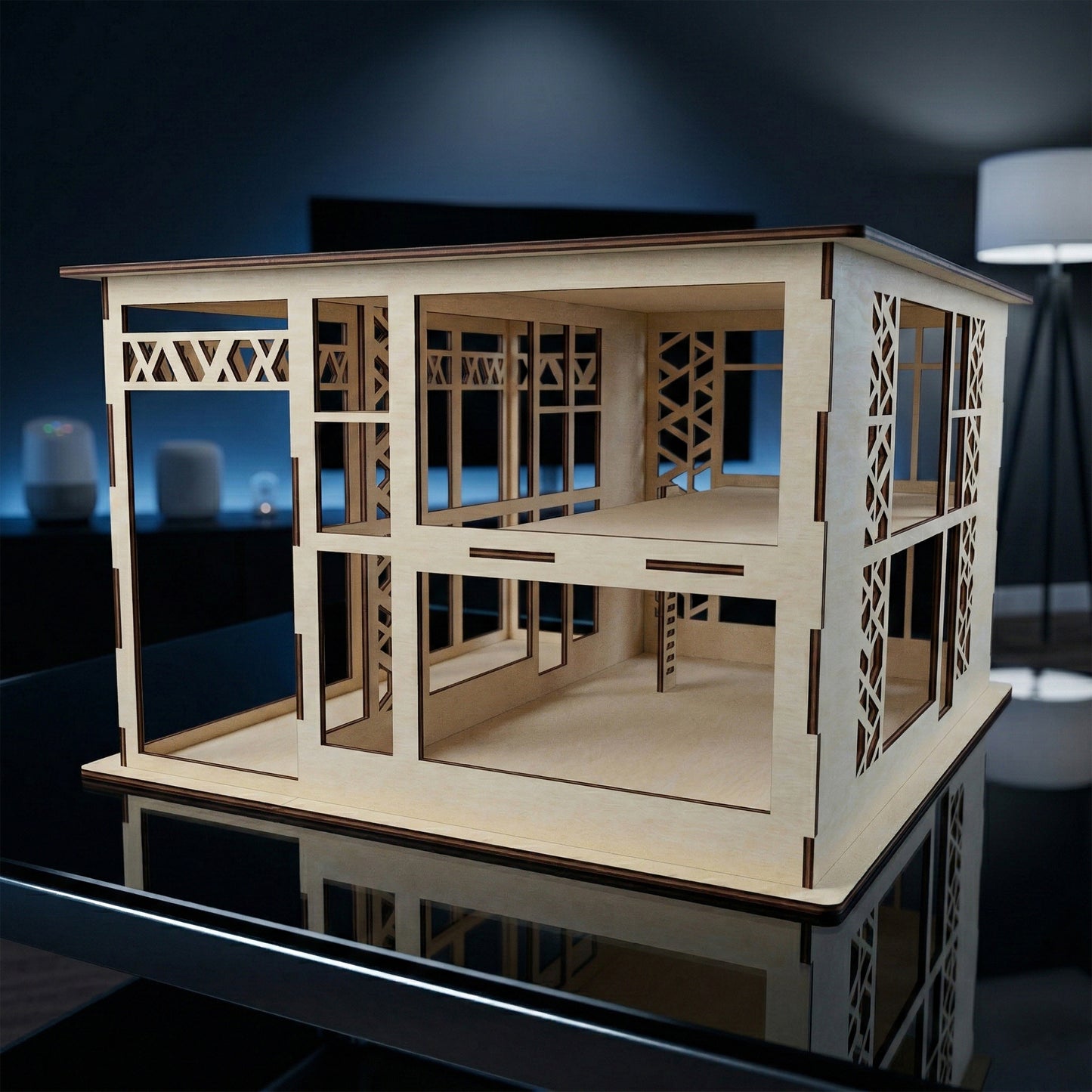 Modern hi-tech dollhouse crafted from light laser cut plywood. The multi-level structure includes spacious interior rooms and decorative cutouts. Displayed in a bright room, emphasizing its large scale and contemporary minimalist aesthetic.