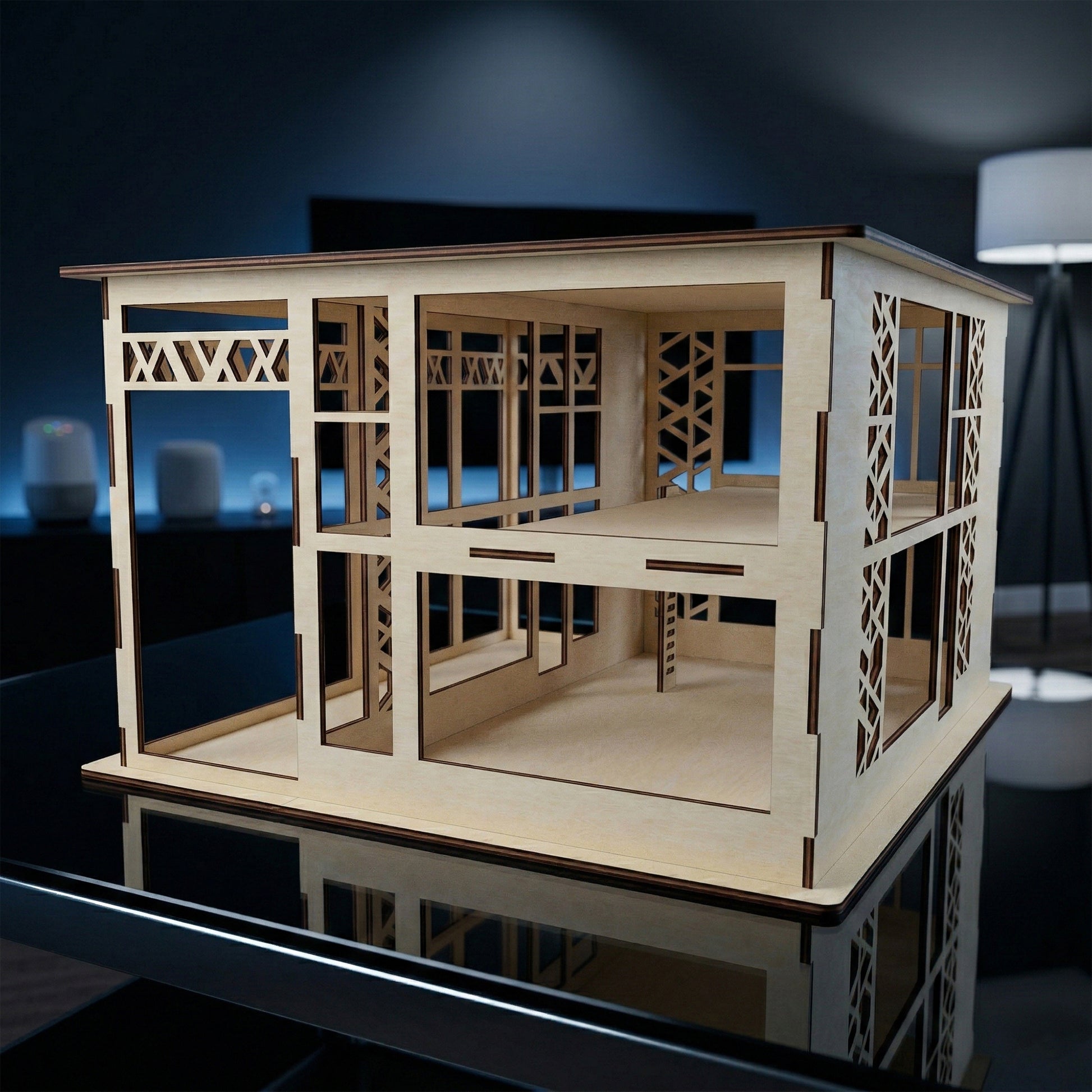 Modern hi-tech dollhouse crafted from light laser cut plywood. The multi-level structure includes spacious interior rooms and decorative cutouts. Displayed in a bright room, emphasizing its large scale and contemporary minimalist aesthetic.