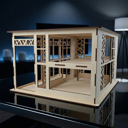 Modern hi-tech dollhouse crafted from light laser cut plywood. The multi-level structure includes spacious interior rooms and decorative cutouts. Displayed in a bright room, emphasizing its large scale and contemporary minimalist aesthetic.