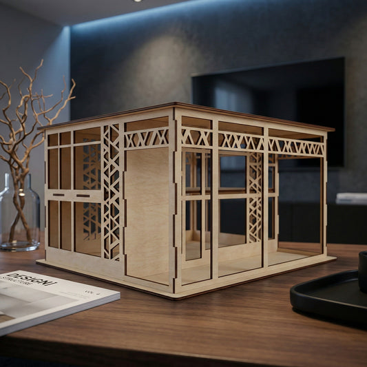 Large three-story modern dollhouse made of natural laser cut plywood. Features a hi-tech design with open balconies, large window cutouts, and a rooftop terrace. The light wood grain texture is visible against a neutral background.