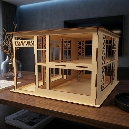 Side perspective of a DIY laser cut plywood dollhouse. Showcases detailed architectural levels, interconnecting rooms, and geometric railings. The sturdy construction highlights the clean, precise edges of the laser-cut wood panels.