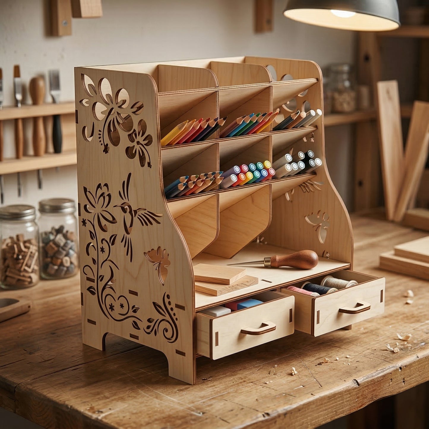A large desktop organizer made of laser cut plywood featuring intricate hummingbird and floral cutouts. The wooden shelf holds colored pencils and markers in angled slots, with two small drawers open to show thread and craft supplies.
