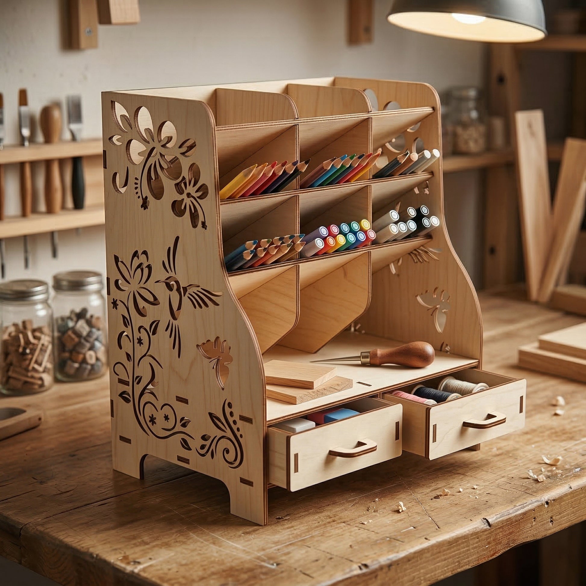 A large desktop organizer made of laser cut plywood featuring intricate hummingbird and floral cutouts. The wooden shelf holds colored pencils and markers in angled slots, with two small drawers open to show thread and craft supplies.