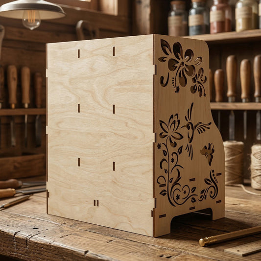 Side view of a laser cut plywood desk organizer on a wooden workbench. Shows the detailed floral and bird silhouette cutouts on the side panel and the interlocking tab-and-slot construction of the light-colored natural wood grain.