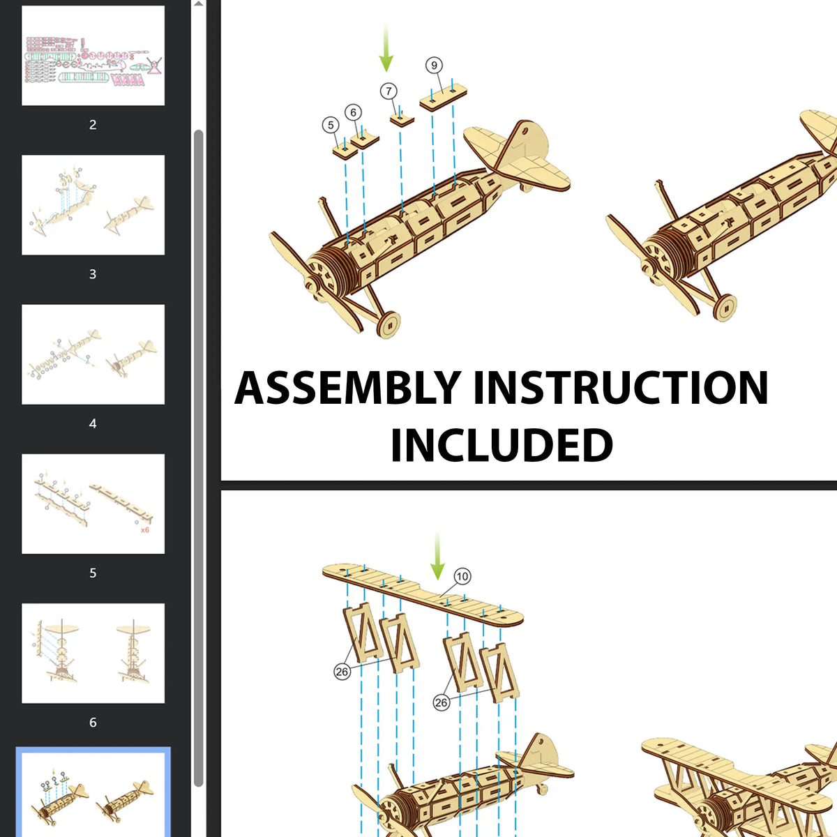 The image is a collage of six images depicting the assembly of a laser cut airplane, with step-by-step instructions provided.