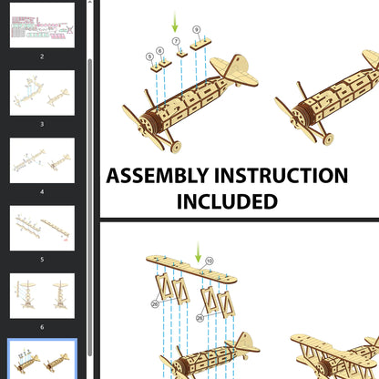 The image is a collage of six images depicting the assembly of a laser cut airplane, with step-by-step instructions provided.