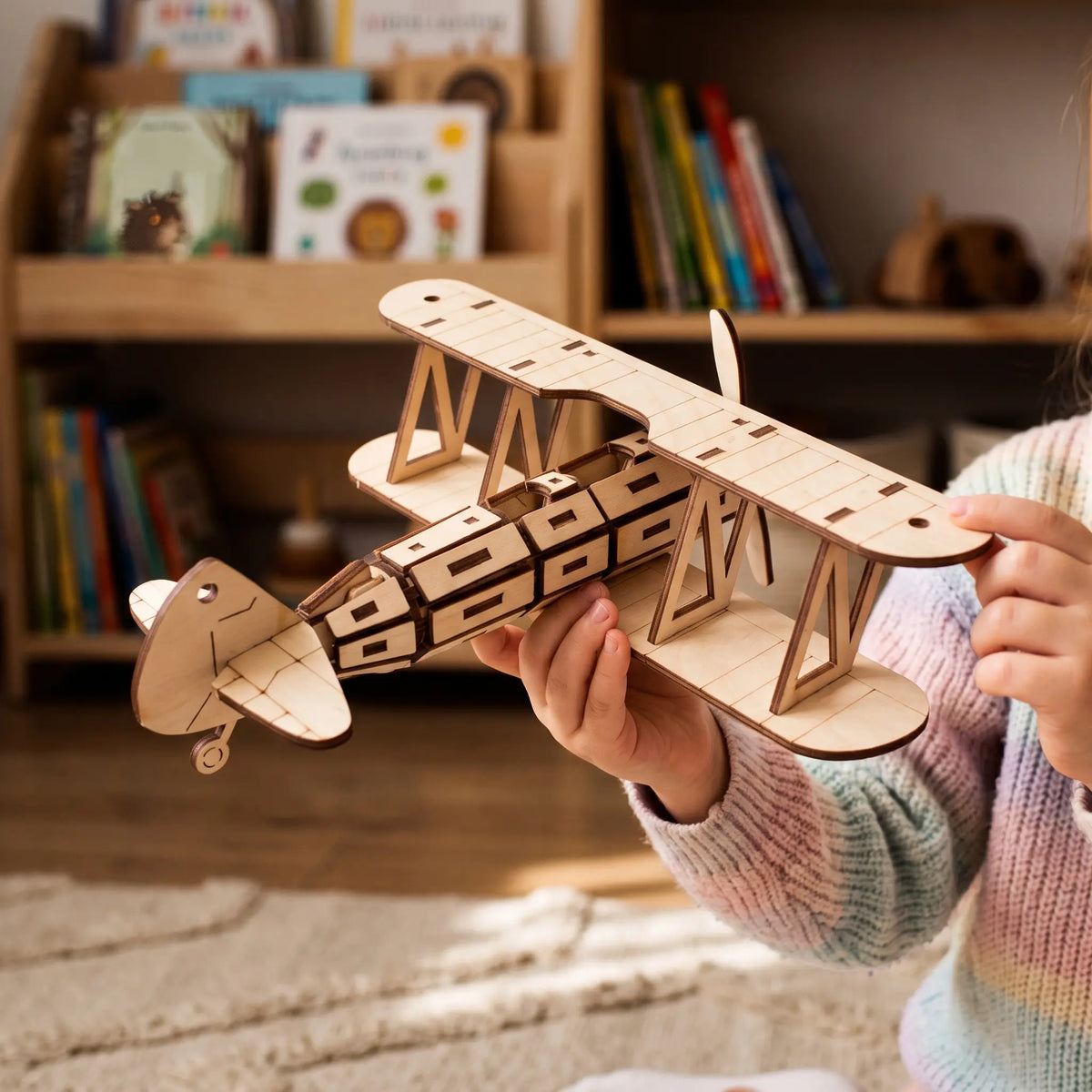 A child is holding a wooden laser cut airplane model in their hands, with a bookshelf filled with books in the background.