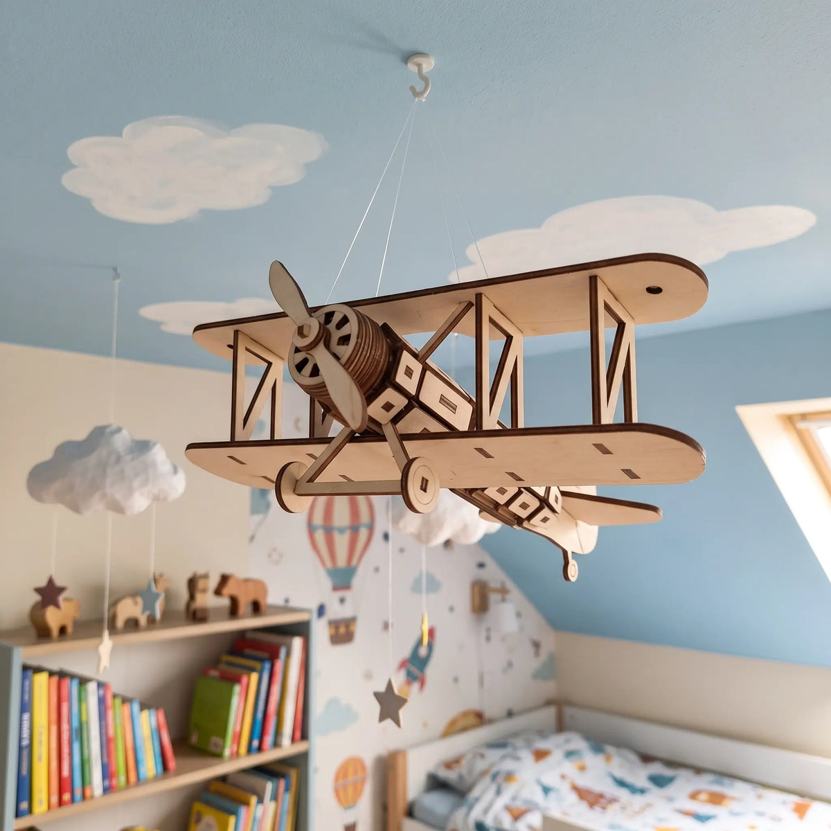A wooden laser cut toy airplane suspended from the ceiling in a child's bedroom, with a bookshelf filled with books and toys in the background.