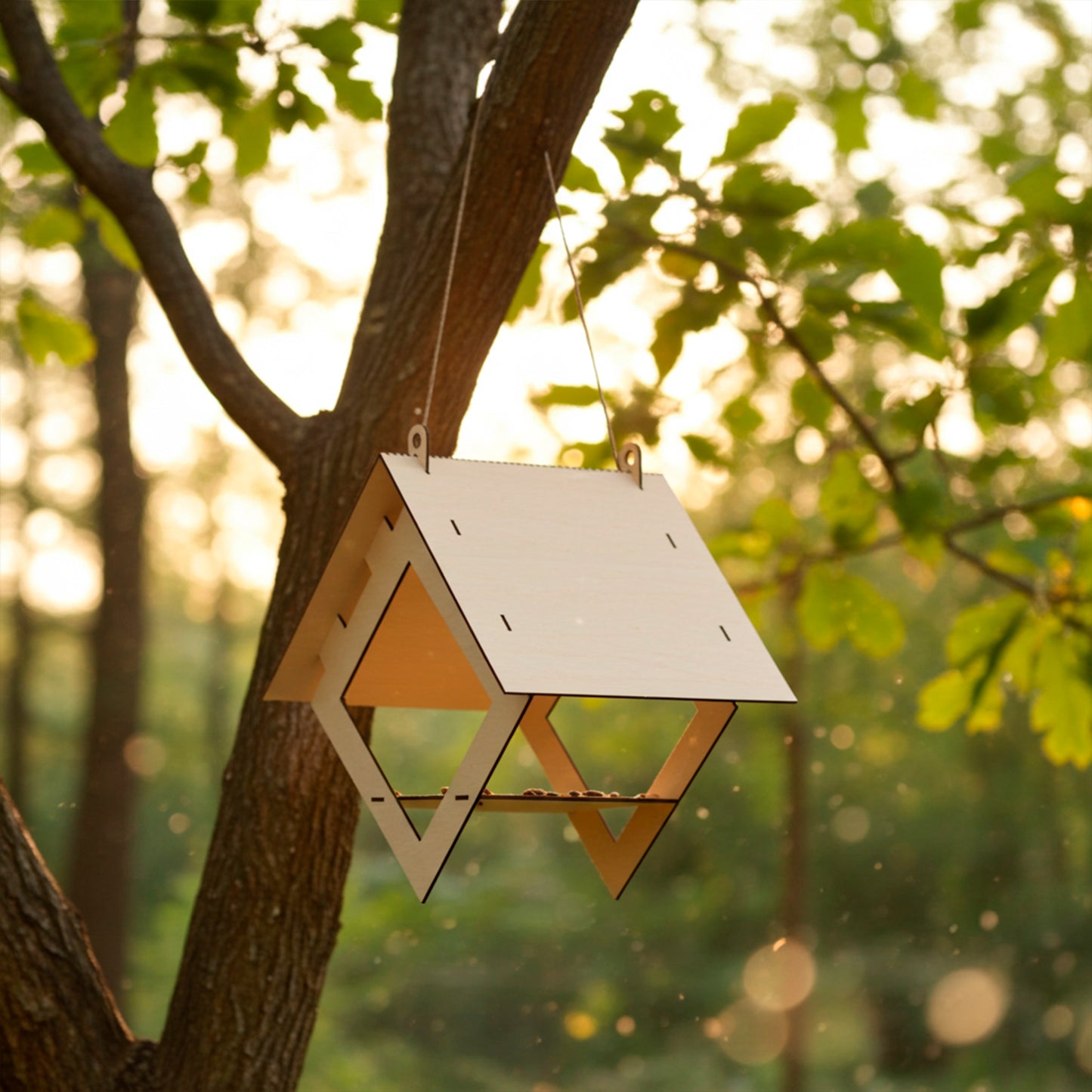 Minimalist laser cut plywood bird feeder with geometric triangular design hanging on a tree branch in warm sunset forest light, surrounded by soft bokeh and natural greenery