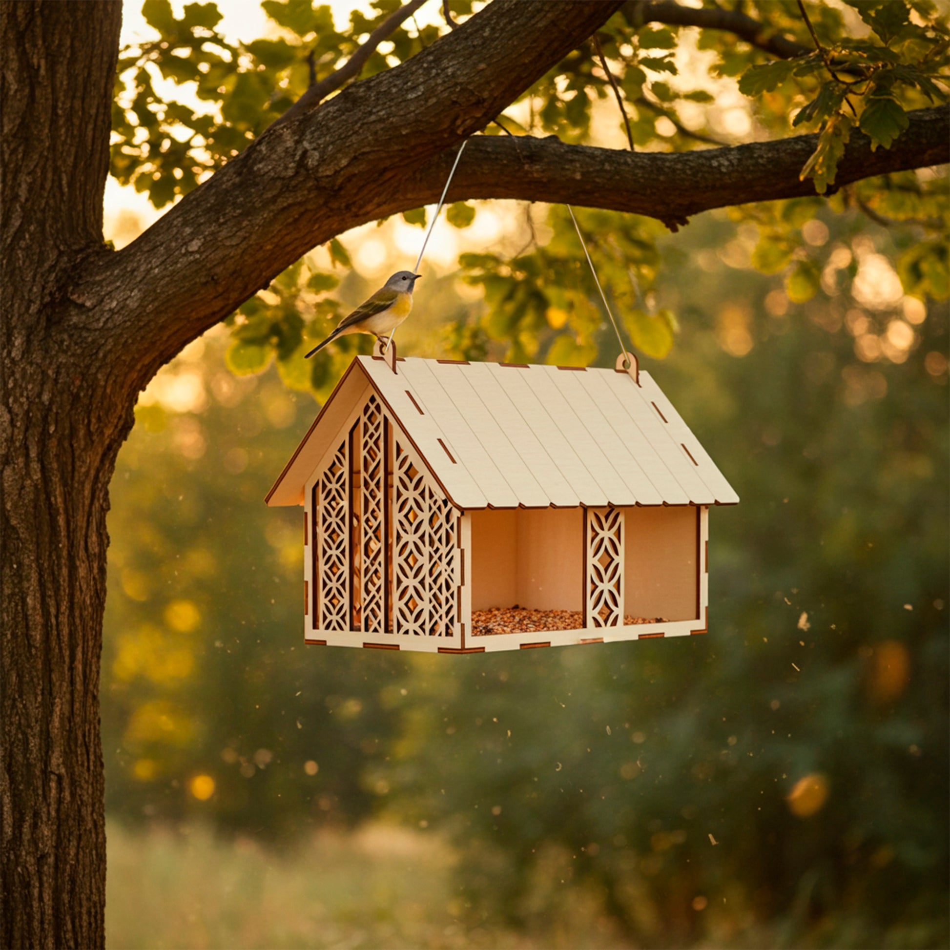 Intricately designed laser cut wooden plywood bird feeder, shaped like a small house with geometric latticework windows, suspended from a thick tree branch with a small songbird perched on the peaked roof at sunset.