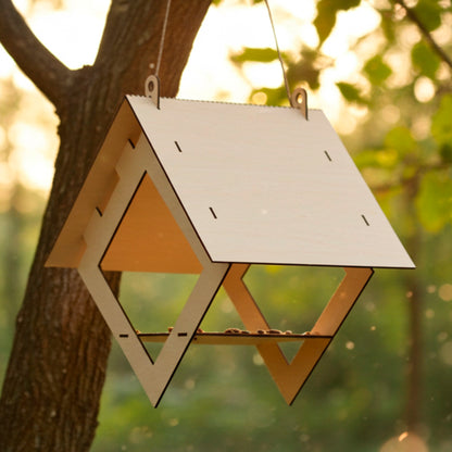 Minimalist laser cut plywood bird feeder with geometric triangular design hanging on a tree branch in warm sunset forest light, surrounded by soft bokeh and natural greenery