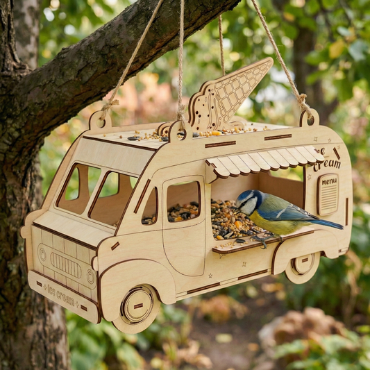 Wooden laser cut bird feeder shaped like a van hanging from a tree
