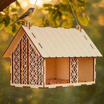 Intricately designed laser cut wooden plywood bird feeder, shaped like a small house with geometric latticework windows, suspended from a thick tree branch with a small songbird perched on the peaked roof at sunset.