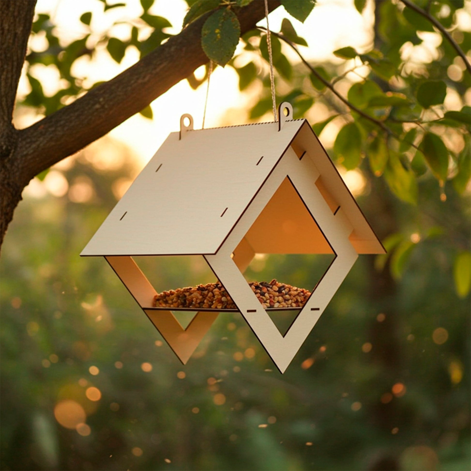 Minimalist laser cut plywood bird feeder with geometric triangular design hanging on a tree branch in warm sunset forest light, surrounded by soft bokeh and natural greenery