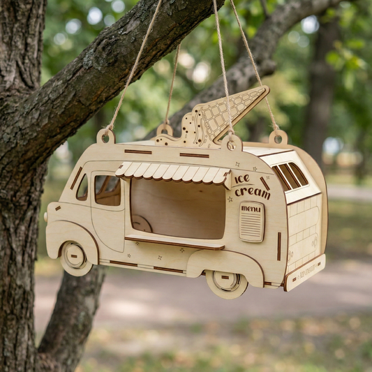 Wooden ice cream truck laser cut decoration hanging from a tree