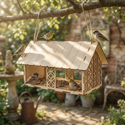 Wooden laser cut bird feeder with birds perched on it in a garden setting