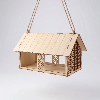 Wooden birdhouse with decorative cutouts on a white background