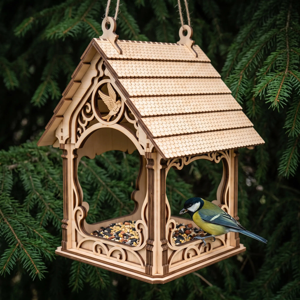 A laser-cut wooden hanging bird feeder with ornate scrollwork and a slatted roof, shown suspended against a backdrop of evergreen branches. 