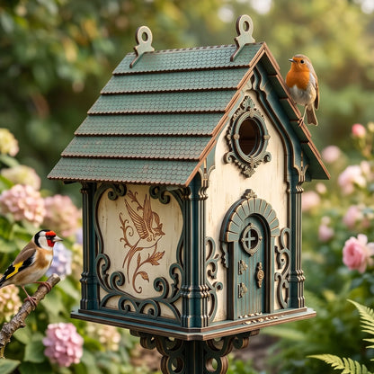 Close-up view of a teal-accented laser cut plywood birdhouse with a robin on the roof and a goldfinch on a nearby branch