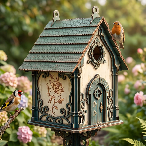 Close-up view of a teal-accented laser cut plywood birdhouse with a robin on the roof and a goldfinch on a nearby branch