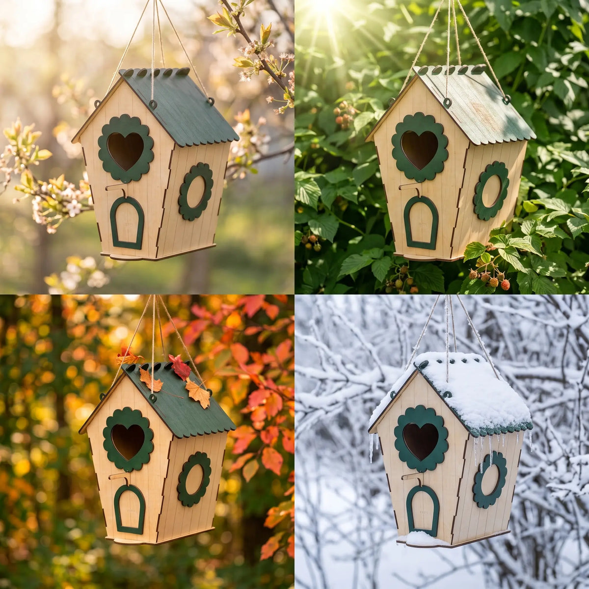 The image is a collage of four photos depicting a laser cut birdhouse hanging from a tree. The birdhouse appears in various seasons, including spring, summer, autumn, and winter.