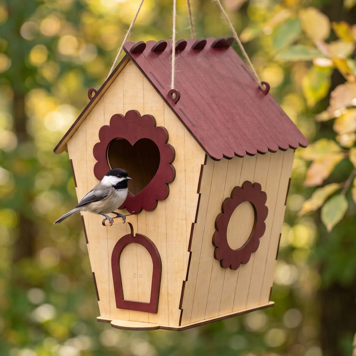 A small bird perches on a wooden laser cut birdhouse with a heart-shaped cutout, set against a blurred natural background.