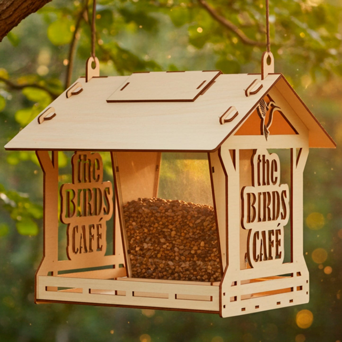 Laser cut  plywood wooden bird feeder shaped like a house, featuring clear windows filled with seed and "The Birds Cafe" etched on the side. It hangs from a thick tree branch in a sunny forest setting at sunset.